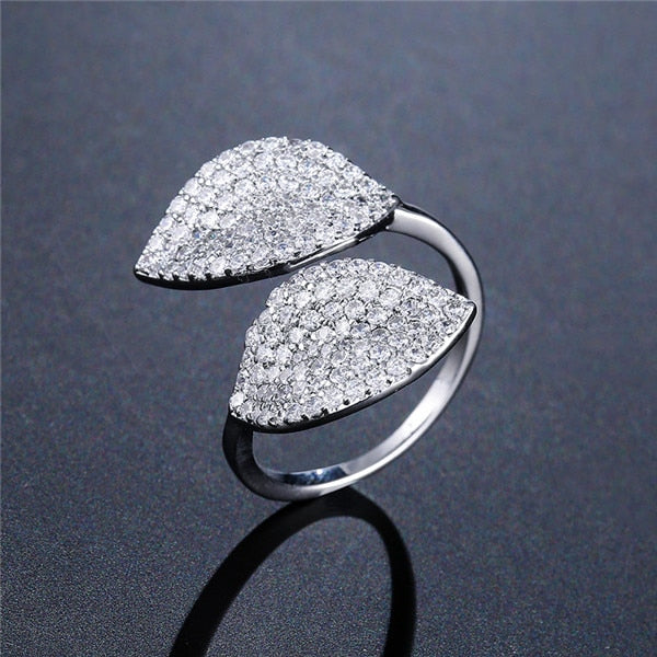 Cubic Zircon Two Leaf Flower Ring - 3 Colors Adjustable
